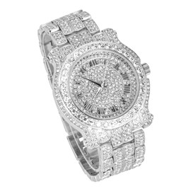 Techno Pave Men's 45mm Iced Out Roman Dial Watch with Bracelet Set - Silver Dial with Cuban Bracelet