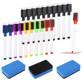Heyu-Lotus 20 x Whiteboard Markers with 3 Whiteboard Sponge, 6 Colours, 3-in-1 Dry Wipe Pen with Eraser, Magnetic Whiteboard Pens for Office, School, Home