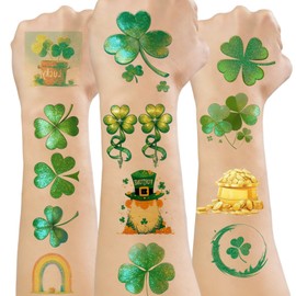 VERKSTAD 24 Sheets St. Patrick's Day Temporary Tattoos, Glitter Shamrock Green Clover Accessories for Irish St. Patrick's Day, Lucky Fake Tattoo for St Patricks Day Party Favors Decorations Parade