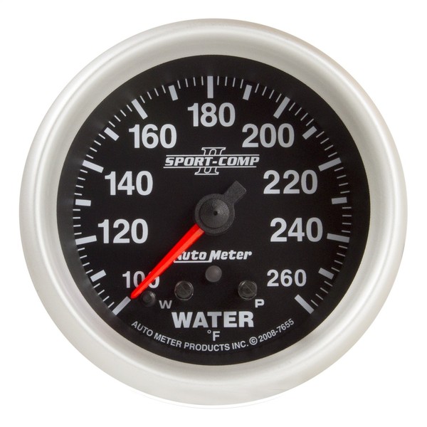 Auto Meter 7655 Sport-Comp II 2-5/8" 100-260 Degree F Full Sweep Electric Water Temperature Gauge with Peak Memory and Warning