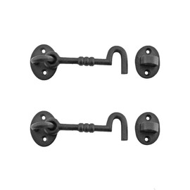 Renovators Supply Manufacturing Black Wrought Iron Cabin Hook Eye 5" Long Large Decorative Privacy Hook Latches for Cabinet Window Kitchen Sliding Or Barn Doors with Mounting Screws Pack of 2