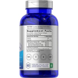 Aceite de pescado de salmón salvaje Alaskan, 3000 mg, 180 cápsulas de gel suave, sin gluten, sin OMG, alta potencia, excelente fuente de ácidos grasos