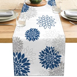 Dahlia Flower Table Runner 13x71 Inch Farmhouse Blue Gray Runners Modern Table Decorations Rustic Geometric Coffee Table Runner for Home Kitchen Dining Room Party (13"x71", Dahlia Floral-Blue)