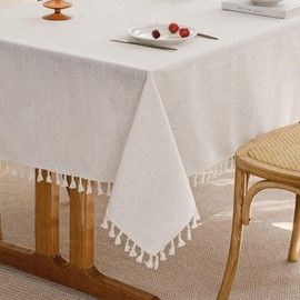 Cream Linen Square Table Cloth with Tassel Farmhouse Burlap Tablecloths for Kitchen Dining Heavyweight Water Repellent Oblong Table Covering Cloth Indoor Holiday Decor Ivory Natural, 55x55 Inch