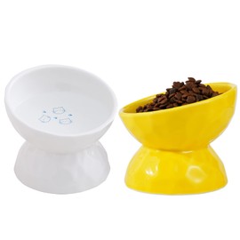 AOMRYOM Ceramic Tilted Raised Cat Food and Water Bowl Set, Elevated Stress Free Feeding Pet Bowl Dish for Cats and Small Dogs, Protect Cat's Spine, White & Yellow, Set of 2