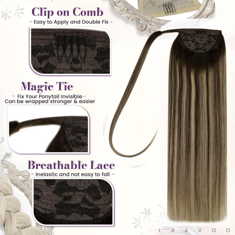 LaaVoo Human Hair Ponytail Extensions for Women Balayage Brown 20
