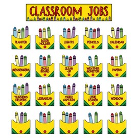 FYSUIMU Crayon Class Jobs Bulletin Board Set Colorful Classroom Jobs Pocket Chart with Name Cards Teacher's Helper Chalkboard Decor for Back to School Classroom Teacher Students Supplies, 71Pcs