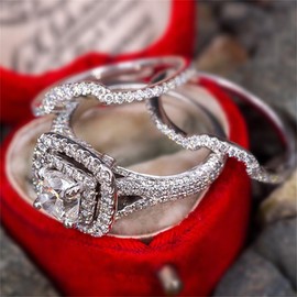 925 Sterling Silver Shiny Full Diamond Gemstone Ring 18K Gold 3PCS Square Cut Cubic Zirconia Promise Rings Set CZ Diamond Multi Row Ring Eternity Engagement Wedding Band Ring Sets Z.94 (US Code 9)