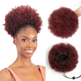 SPIKFN Afro Puff Clip On Human hair Drawstring Ponytail for Black Women,Short Afro Kinkys Curly Afro Bun Extension Hairpiece Ponytail Extension 8 Inch #99j Burgundy 60g
