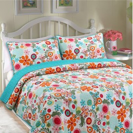 Cozy Line Home Fashions Pink Green Blue Orange Colorful Floral Whimsy Reversible Girl Quilt Bedding Set, Coverlet, Bedspread (Twin - 2 Piece: 1 Quilt + 1 Standard Sham)