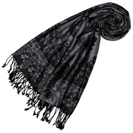 Lorenzo Cana Brands Pashmina 78330 Women's Scarf Shawl Stole Wrap Natural Fibre Opulent Pattern in Harmonious Colours with Fringes Black Grey 70 cm x 200 cm, black