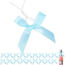 60 PCS 3 Inch Satin Ribbon Twist Tie Bows for Treat Bags, Small Bow Twist Ties, Pretied Twist Bows, Tied Bows with Wire for Bags, Pre Tied Ribbon Bows for Baby Shower, Popcorn (Baby Blue)