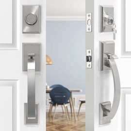 GUA OYH Double Front Door Handle Set with Heavy Duty Lock, Satin Nickel Finish, Suitable for Front or Office Door