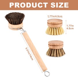 Bamboo Dish Brush Set, 1 Wooden Handle with 3 Natural Bristle Heads All Purpose Kitchen Scrub Brush with Sisal and Palm Horsehair for Cleaning Dishes Pans Vegetables(Color:Brown)
