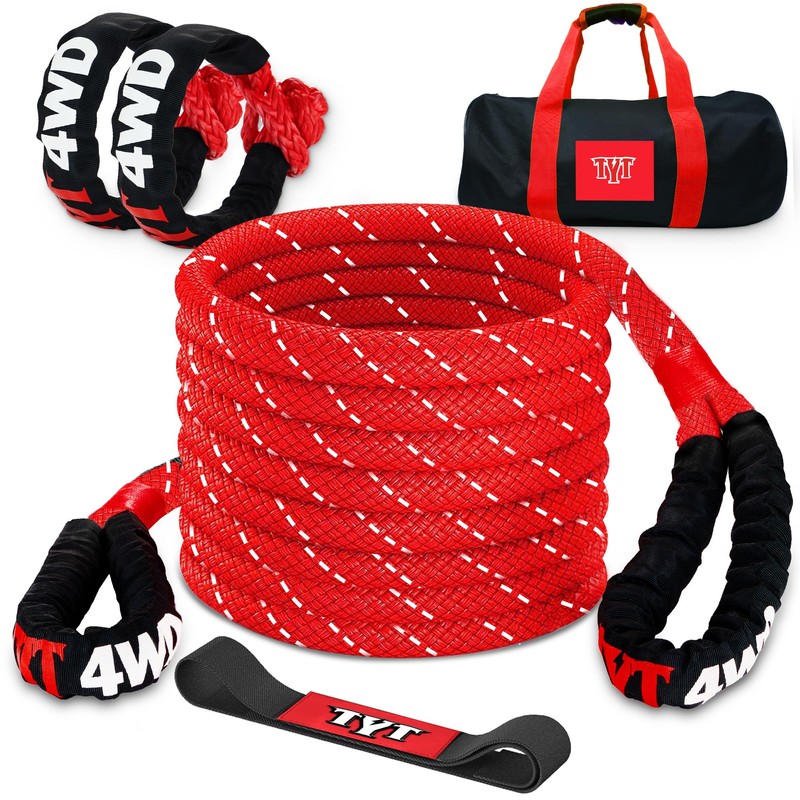 TYT Kinetic Recovery Rope,(1in x 30ft Red) 48000lbs Snatch Strap,