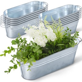 Gejoy 12 Pcs Small Galvanized Oval Planters With Handles - Rustic Tub Flower Pot, Silver Metal Buckets for Outdoor Farmhouse Decorations, 11.42 x 3.94 x 2.99 Inch