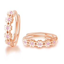 CiNily Rose Gold Plated Small Hoop Earrings for Women Flower Pink Cubic Zirconia Huggie Earrings Hypoallergenic Cartilage Earrings