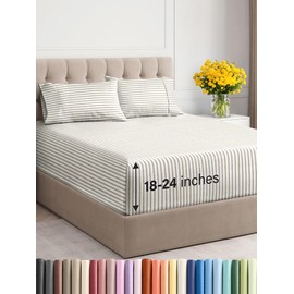 CGK Unlimited Extra Deep Twin XL Sheet Set - 4 Piece Breathable & Cooling Sheets - Hotel Luxury Bedding Set 18-24 Inch Extra Deep Pockets - Easy Fit, Super Soft, Wrinkle Free & Comfy - Beige Stripes, Twin XL Size