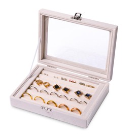 Frebeauty Organizador de Anillos/Pendientes con Bandeja y Tapa Transparente de Terciopelo, Caja de Almacenamiento de Joyería, Exhibidor de Tienda de J