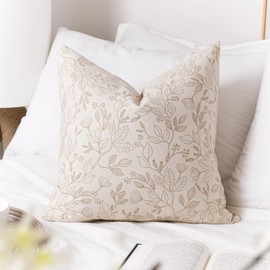 SageSelvas Floral Decorative Throw Pillow Cover 18x18, Farmhouse Neutral Beige Cotton Accent Throw Pillow for Couch Sofa Living Room, 1PC