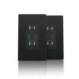 TOPELER 2 Pack GaN 65W USB C Wall Outlet for Laptop, Supports PD3.0 & PPS, 15A Tamper-Resistant Receptacle with Dual USB C Ports, Screwless Wallplate Included, ETL & FCC Listed, Black