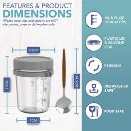 HEFTMAN Glass Overnight Oats Jars with Lids - 2 Pack 350ml Overnight Oats Jar with Spoons, Airtight Food-Safe Breakfast Pots with Lids & Scale Lines for Yogurt, Chia Pudding - 12oz, Reusable (2 PCS)