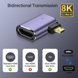 PNGKNYOCN 8K Micro HDMI to HDMI Adapter,2-Pack 90 Degree Left Angle Micro HDMI Male to HDMI 2.1 Female Bidirectional Connector Converter Support 8K@60Hz HDTV (Left Bend)