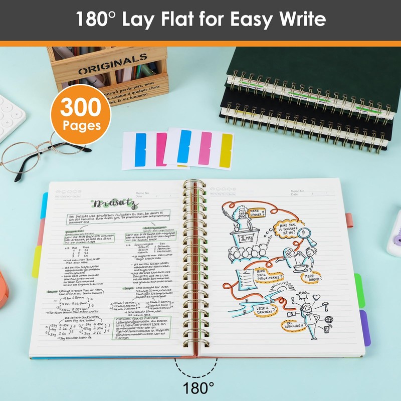 Hardcover Spiral Notebook with Dividers Tabs, 300 Pages 8"x10"(B5) Leather
