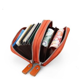 AprinCtempsD RFID Blocking Women's Credit Card Holder Genuine Leather Ladies Small Coin Purse Men's Mini Card Wallet with Double Zipper (Black)