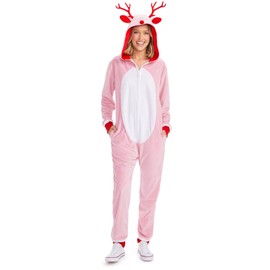 Tipsy Elves Christmas Onesies for Adults - Comfy Unisex Matching Holiday Jumpsuits with Convenient Pockets - Pink Rudolph Christmas Jumpsuit Size Medium