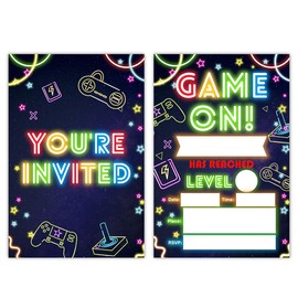 Qlnuk Video Game Birthday Party Invitations Neon Glow Video Game Gaming Arcade Birthday Invites With Envelopes Set of 20