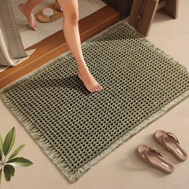 Poowe 18x30 Inches Non Slip Waffle Bath Rug with Tassels Decoration Super Absorbent Microfiber Bath Mats for Bathroom Floor Machine Washable Rubber Backed Ultra Soft