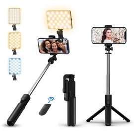 Portable Selfie Stick with Fill Light and Phone Tripod Stand, Extendable up to 26 Inches, Compatible with Most Smartphones