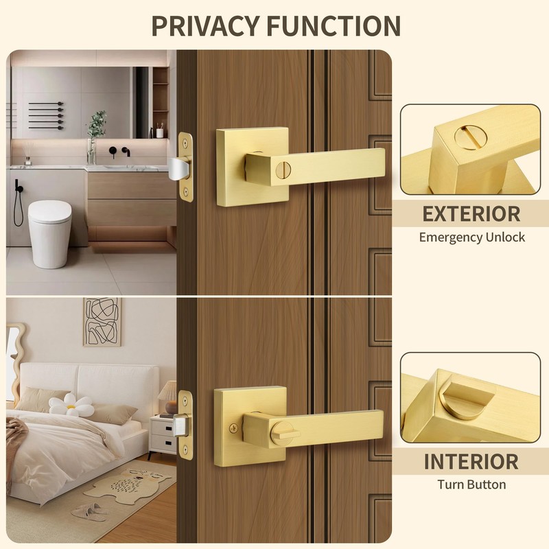 Moquin Square Privacy Gold Door Handle with Lock, Keyless Heavy