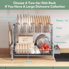 BOOSINY 2 Tier Dish Drying Rack and Drainboard Set, Large Stainless Steel Dish Drainers for Kitchen Counter, Plates Strainer Shelf with Cup Holder（Sliver）
