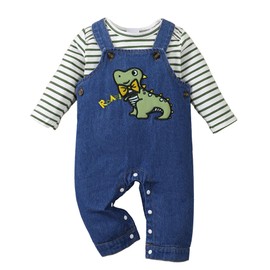 NZRVAWS Baby Boy Clothes Newborn Outfits Infant Long Sleeve Green Stripe Romper Cute Denim Jeans Dinosaur Pattern Jumpsuit Overalls Clothing Set 0-3 Months