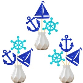Nautical Party Centerpiece Sticks Nautical Birthday Party Centerpiece Decorations for Table 12pcs Glitter Sailboat Anchor Ship Wheel Theme Table Toppers for Ocean Navy Birthday Party Supplies