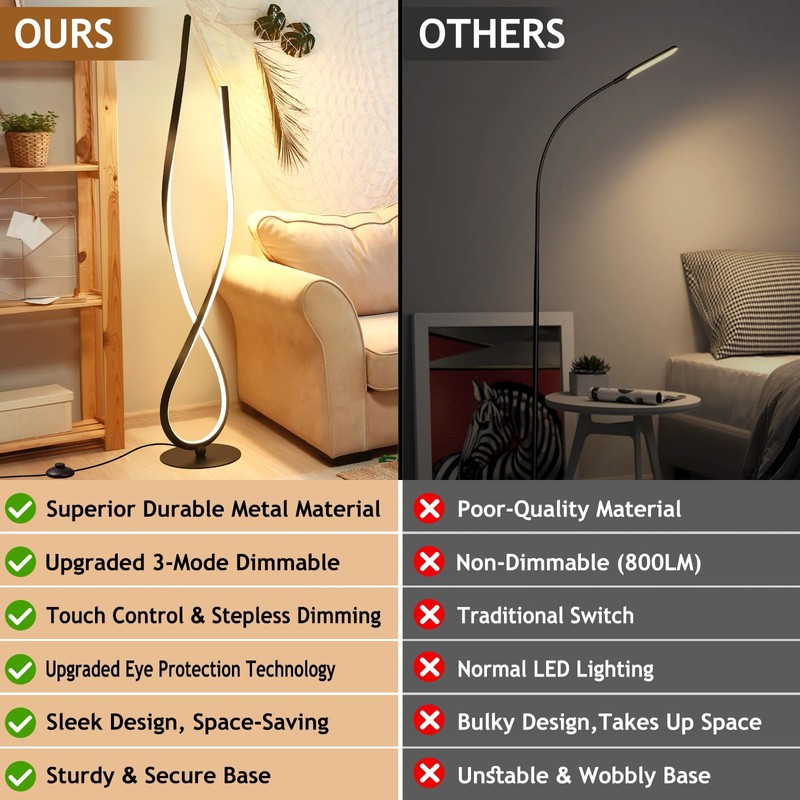 NUÜR Modern Spiral LED Floor Lamp, 59" Ultra-Bright Black Standing