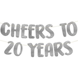 Cheers to 20 Years Silver Glitter Banner - 20th Anniversary and Birthday Party Decorations