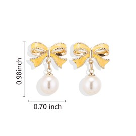 Bow Earrings for Women Pearl Bow Earrings Pink Bow Dorp Dangle Earrings Trendy Bowknot Ribbon Earrings Christmas Earrings Party Daily Jewelry Accessory Xmas Holiday Jewelry (Yellow)