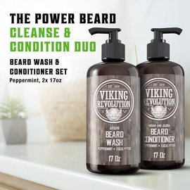 Viking Revolution Beard Wash & Conditioner Set w/Argan & Jojoba Oils – Softens, Smooths & Strengthens Beard Growth - Natural Peppermint and Eucalyptus Scent - Shampoo (17 oz)