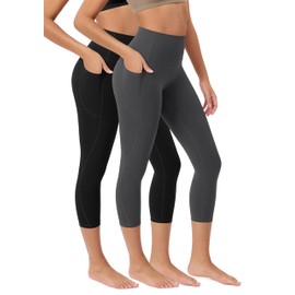 ODODOS 2-Pack Buttery Soft Lounge Yoga Leggings with Pockets for Women, 23" Cropped Length High Waist Yoga Pants, Black+Charcoal, Small