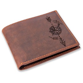 Mens Compass Wallets, Mens Wallets Leather Engraved, Travel Theme Crazy Horse Leather Bifold Wallet, Discover Explore Wallet Fathers Day