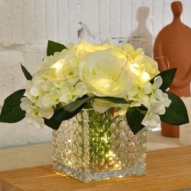 Fule Artificial Silk Rose Flower Centerpiece Arrangement in Glass Vase with LED Light for Home Wedding Decoration (Spring White)