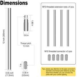 4 Pieces 12-inch M10 Threaded Extension Poles Lighting Fixture Downrods Stems & 180 Degrees Sloped Ceiling Adapter Kits for Pendant Light, Island Lighting, Chandeliers (Chrome)