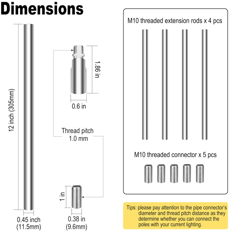 4 Pieces 12-inch M10 Threaded Extension Poles Lighting Fixture Downrods