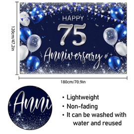 Happy 75th Anniversary Backdrop Banner Decor Navy Blue – Silver Glitter Happy 75 Years Wedding Anniversary Party Theme Decorations for Women Men Supplies