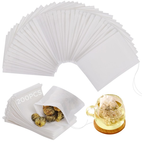 GeeRic 200 Pcs Disposable Empty Tea Bags with String Tea Bags Unbleached Tea Filter Bags Strong Penetration Natural Loose Leaf Tea & Coffee (6cm*8cm) White