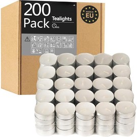Tealight Candles - 4 Hours - Giant 100,200,300 Bulk Packs - White Unscented European Votive Smokeless Tea Lights for Shabbat, Weddings, Christmas, Home Decorative- 100 Pack - Colour: 200 pack