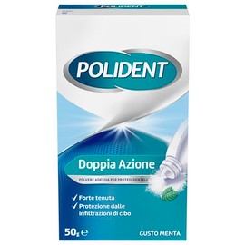 Polident Doppia Azione, Polvere Adesiva per protesi Dentali, Forte tenuta, Protezione dalle infiltrazioni di cibo, Gusto menta, 50g